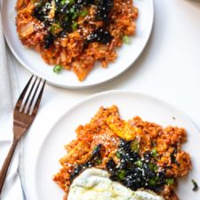 This Kimchi Fried Rice is so easy to make and a great way to use up your day-old rice. Make it a low-carb option with cauliflower rice for a healthy vegan dinner side.