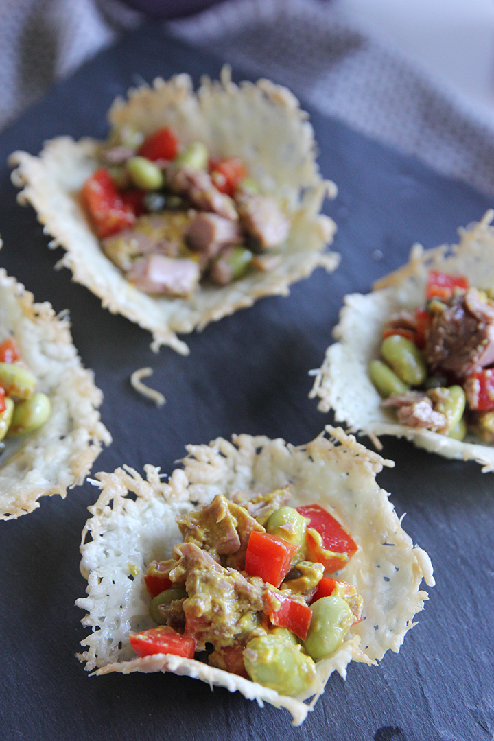 Tuna Salad in Parmesan Cups make an elegant and impressive appetizer. So tasty, fancy shmanzy, and make a yummy bite size appetizer.