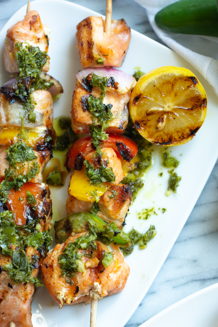 This chimichurri salmon skewers is perfect for grilling season.