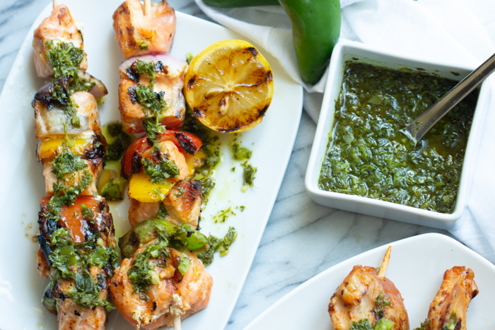 This chimichurri salmon skewers is perfect for grilling season.