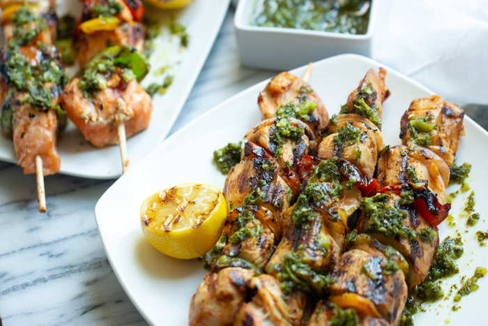 This chimichurri salmon skewers is perfect for grilling season.