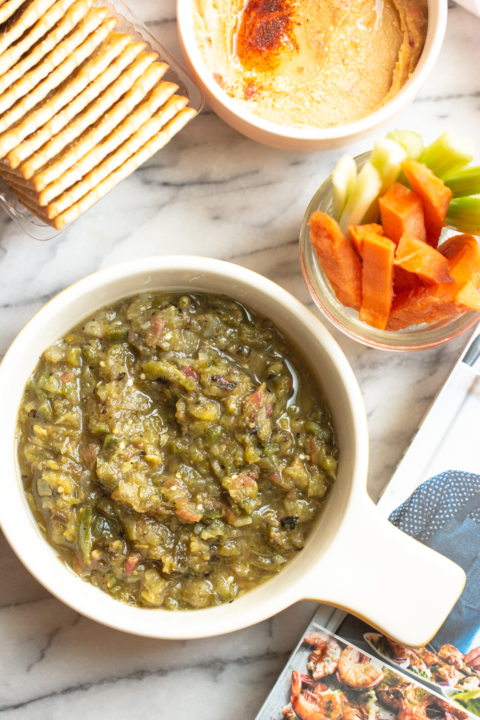 Delicious on its own, this roasted tomatillo salsa is fresh, spicy and tangy.