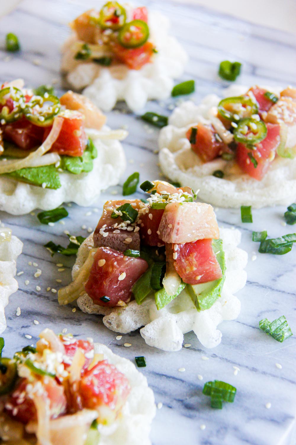 Create a little taste of aloha in your kitchen! These Tuna Poke Mochi Waffles make a fun appetizer - delicious, easy, super nutritious and so refreshing.