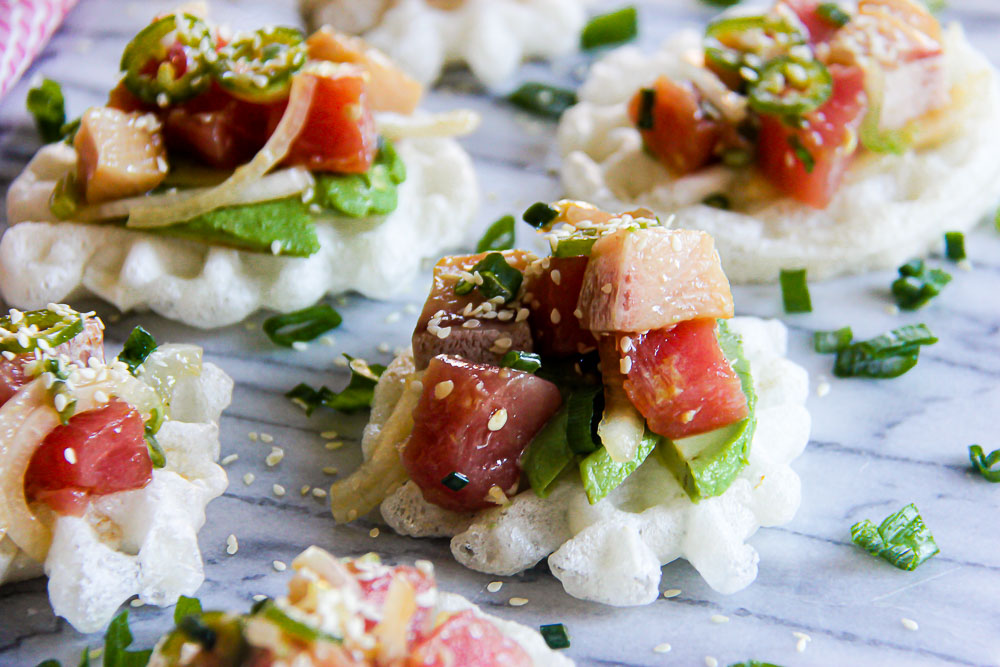 Create a little taste of aloha in your kitchen! These Tuna Poke Mochi Waffles make a fun appetizer - delicious, easy, super nutritious and so refreshing.