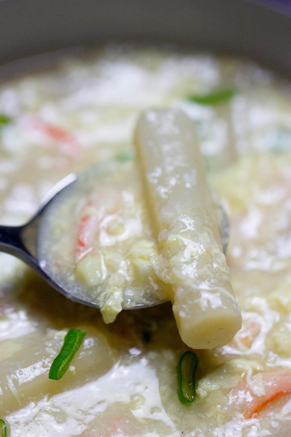 Crab & Asparagus Soup - Winter comfort soup loaded with asparagus and crab meat. Family-friendly and elegant enough for a party, staying in on a cold night.