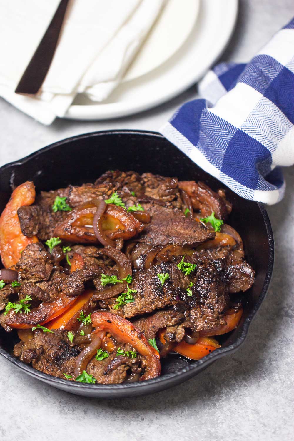 Peruvian skirt steak is a relatively inexpensive cut of meat with a lot of flavors. Super easy and great for weeknight dinner as it cooks quickly.