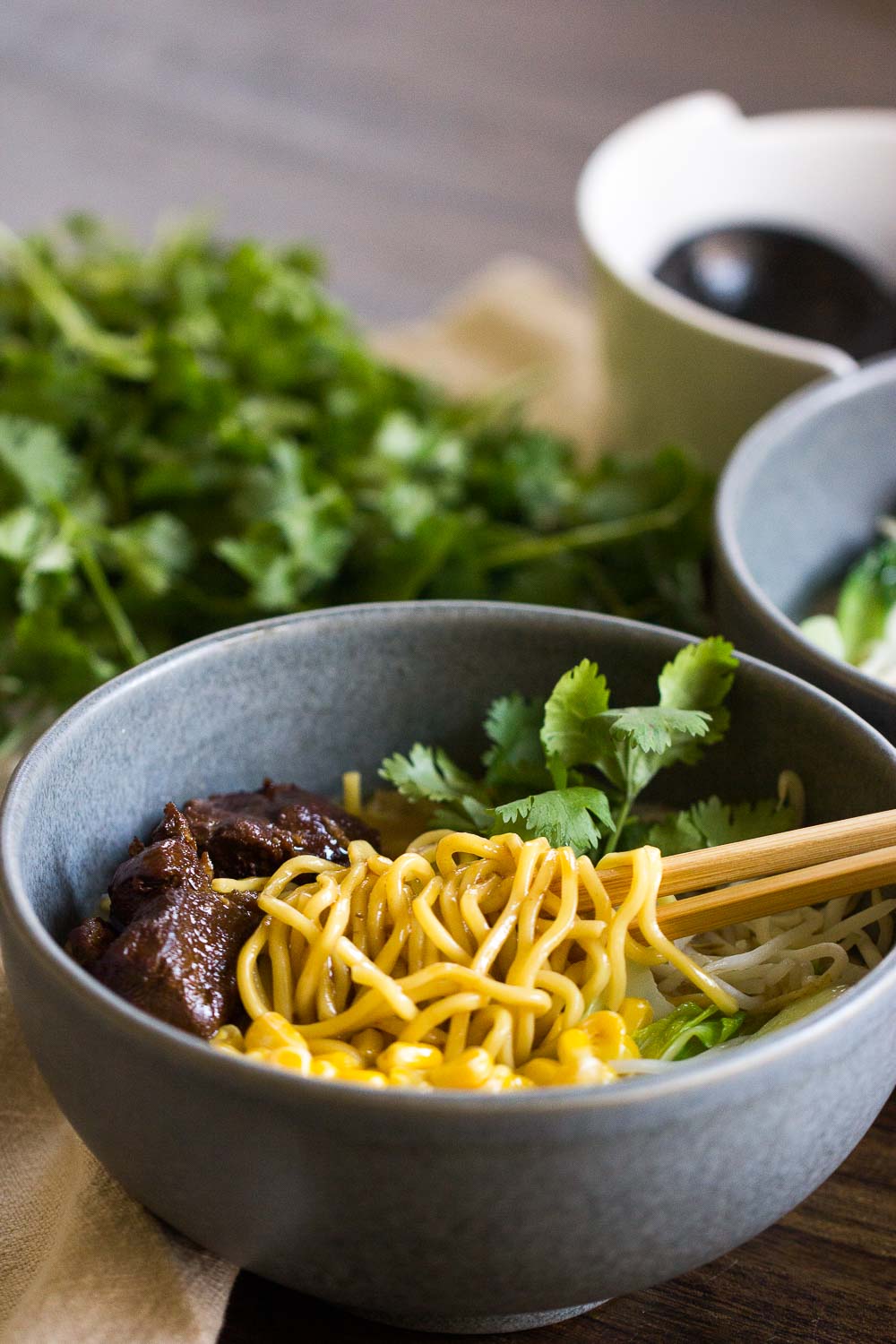 Simple and hearty, this crockpot caramelized pork noodle soup is classic fall comfort food. It is SO good that you’ll want to slurp up the whole bowl right away.