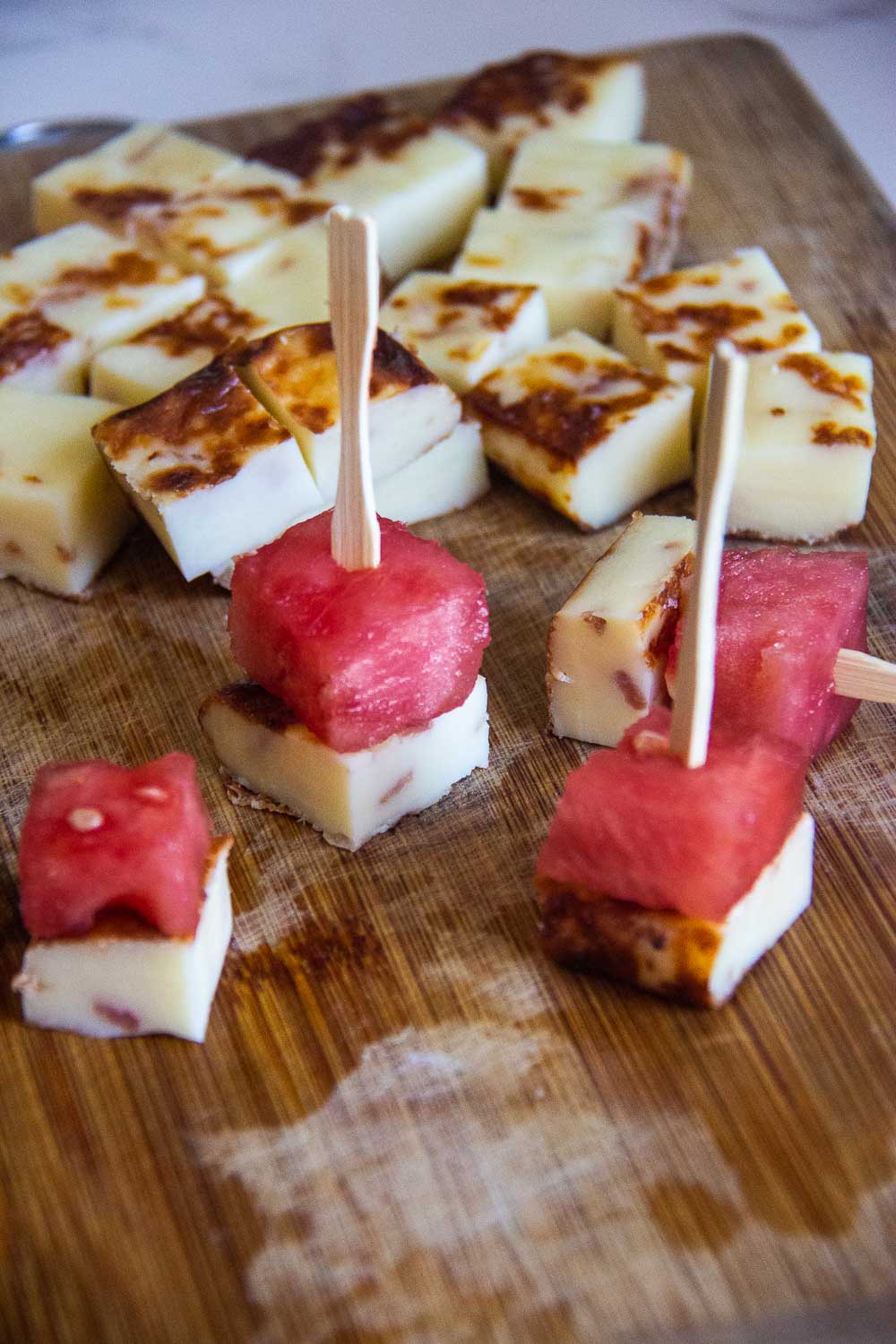 These watermelon cheese skewers are a fun, light, healthy summer appetizer. The flavor combinations make a salty, sweet flavor and are great for BBQs, picnics, or a quick snack.