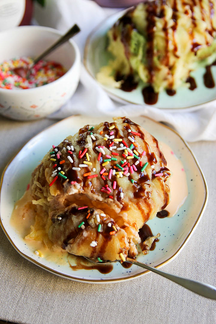Tempura fried ice cream ball with golden crust and creamy center