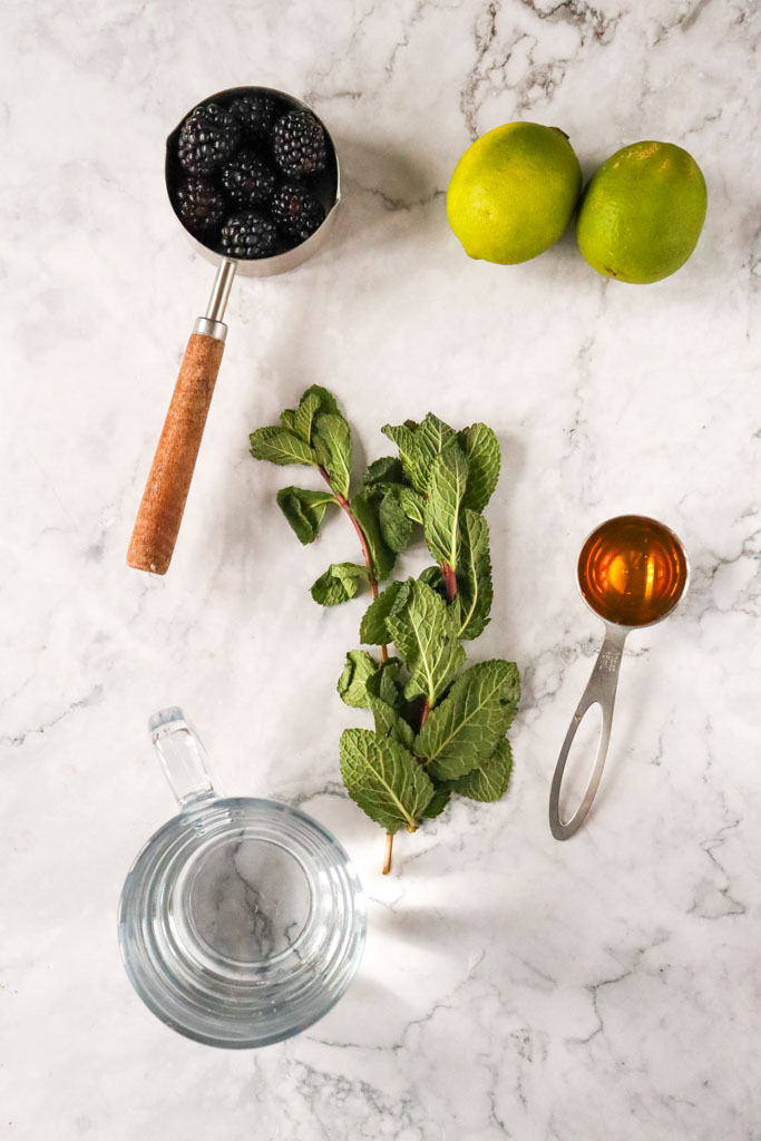 A tall glass of blackberry lemon mocktail with sparkling fizz, fresh mint, lime slices, and whole blackberries for garnish.
