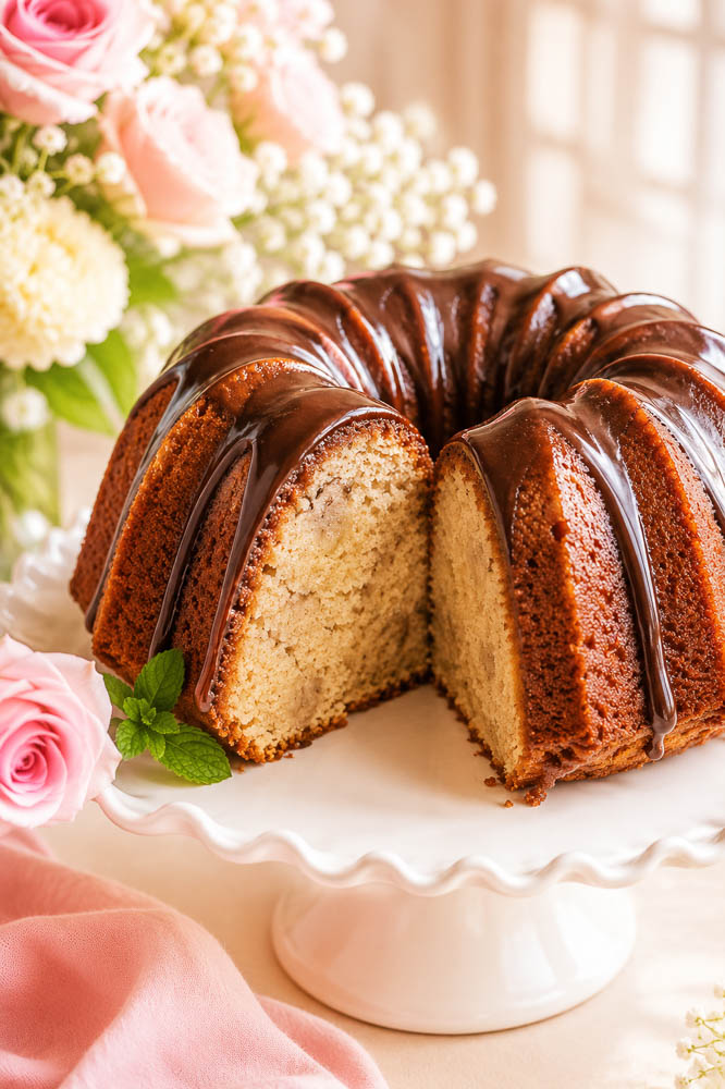 This moist Banana Bourbon Bundt Cake combines ripe bananas and bourbon with a rich dark chocolate ganache for an easy, decadent dessert