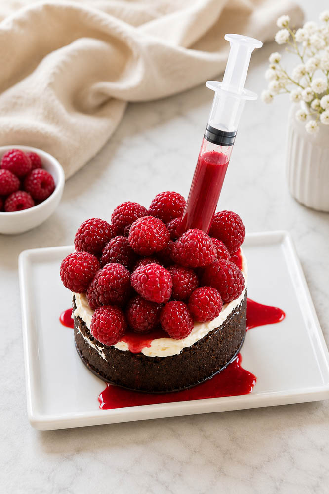 This Bloody Halloween Cheesecake has a chocolate crust, creamy no-bake filling, fresh raspberries, and raspberry “blood” sauce with food-safe syringes.