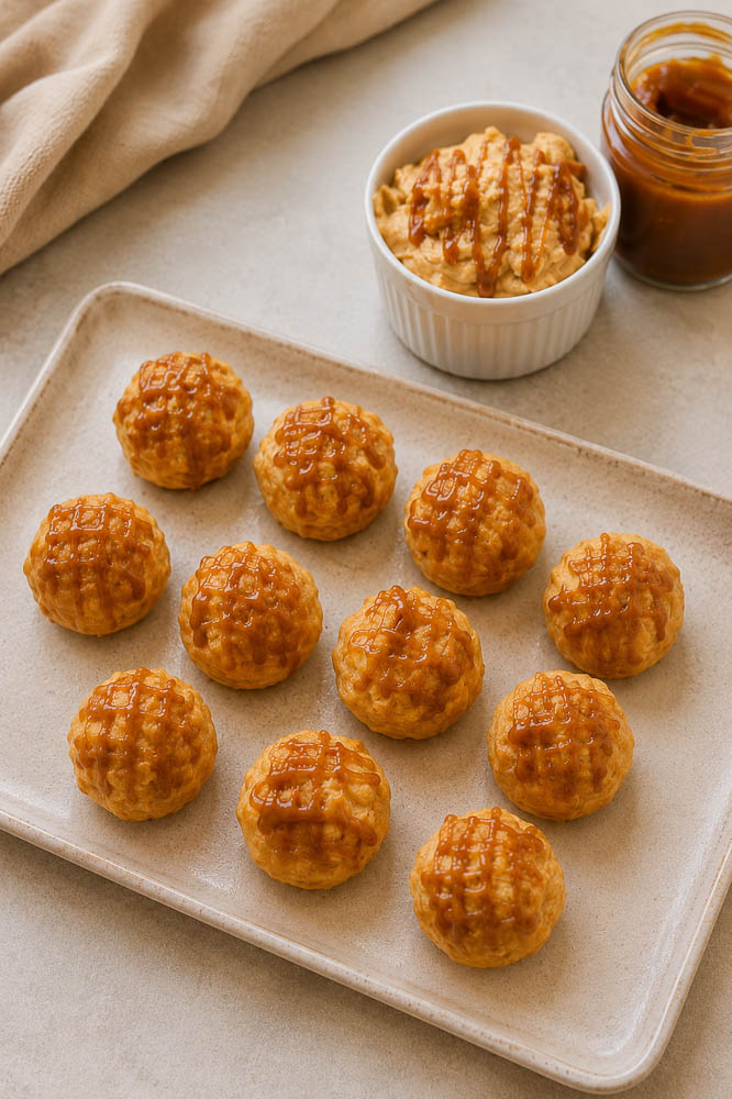 These Pumpkin Cream Puffs with Maple Whipped Cream combine crisp, airy choux pastry with a light pumpkin filling sweetened with pure maple syrup and finished with a drizzle of dulce de leche.
