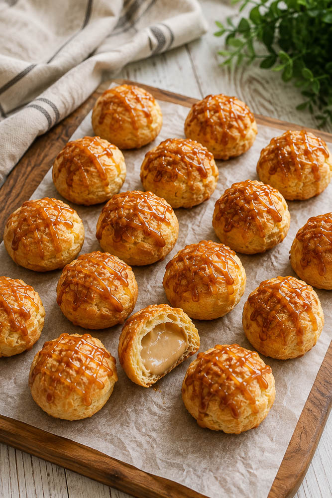 These Pumpkin Cream Puffs with Maple Whipped Cream combine crisp, airy choux pastry with a light pumpkin filling sweetened with pure maple syrup and finished with a drizzle of dulce de leche.