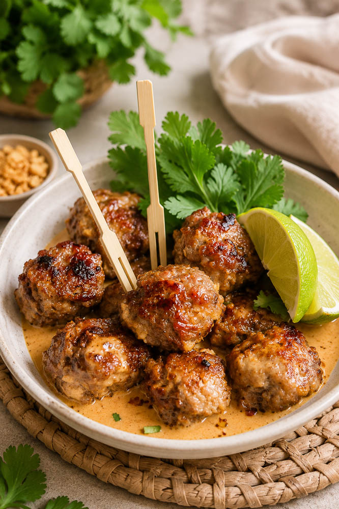 These Saucy Thai Meatballs are juicy, savory, and packed with lemongrass, lime, garlic, fish sauce, and red curry, then finished in a creamy coconut curry sauce that begs to be spooned over rice.