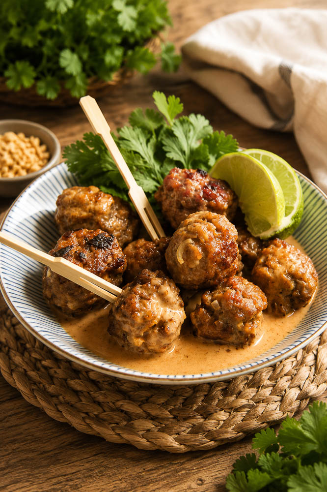 These Saucy Thai Meatballs are juicy, savory, and packed with lemongrass, lime, garlic, fish sauce, and red curry, then finished in a creamy coconut curry sauce that begs to be spooned over rice.