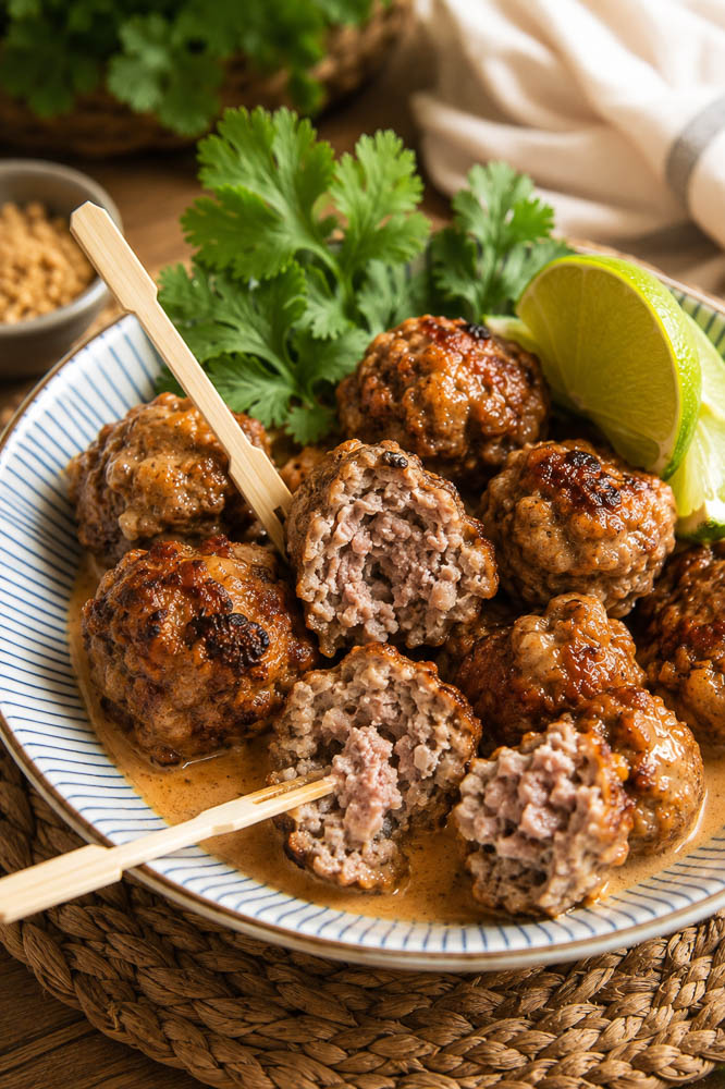 These Saucy Thai Meatballs are juicy, savory, and packed with lemongrass, lime, garlic, fish sauce, and red curry, then finished in a creamy coconut curry sauce that begs to be spooned over rice.